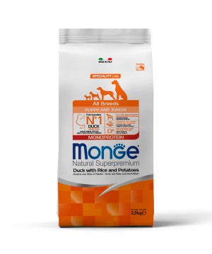 Сухой корм Monge Dog Speciality Line Monoprotein для щенков всех пород, из утки с рисом и картофелем 2,5 кг