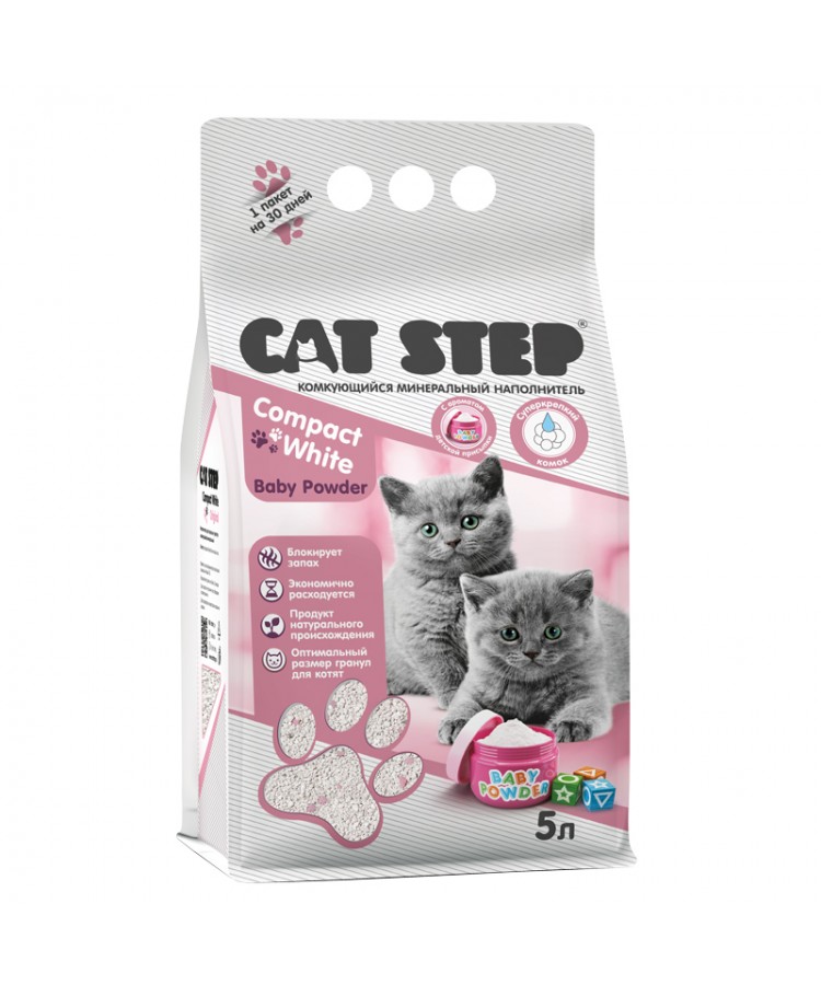 Наполнитель для котят комкующийся минеральный CAT STEP Compact White Baby Powder, 5 л