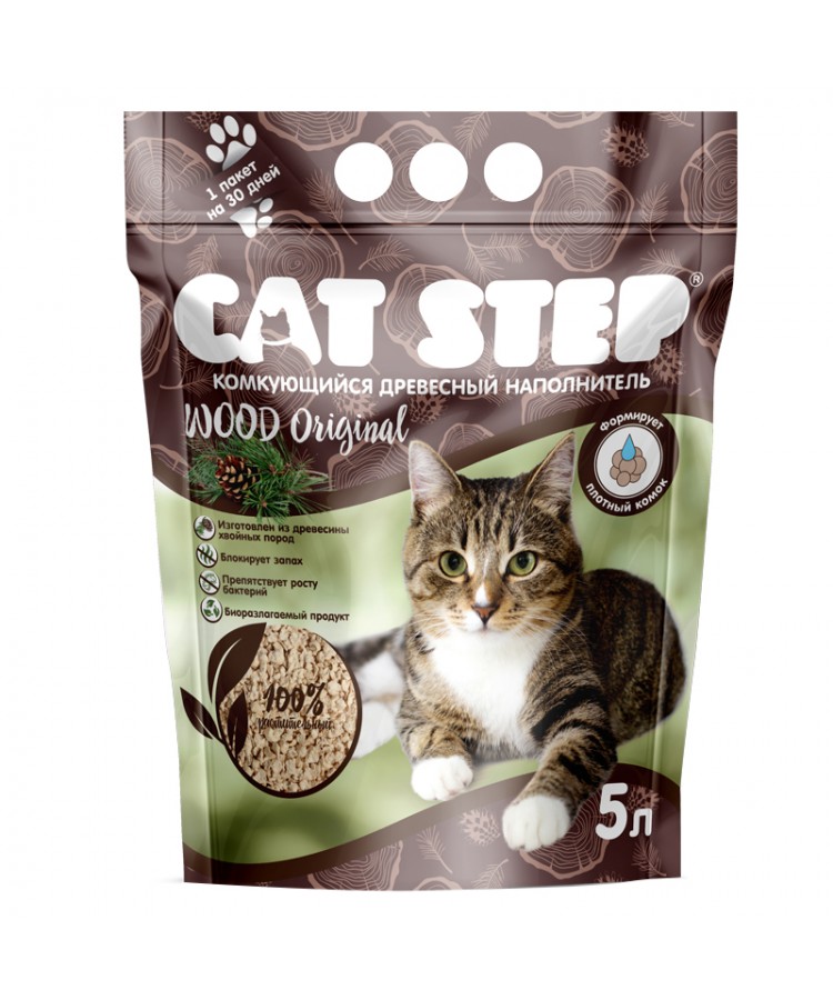 Наполнитель комкующийся растительный CAT STEP Wood Original, 5 л